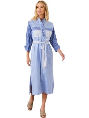 Karen Kane By The Sea Mixed Midi Stripe Belted Long Sleeve Shirtdress